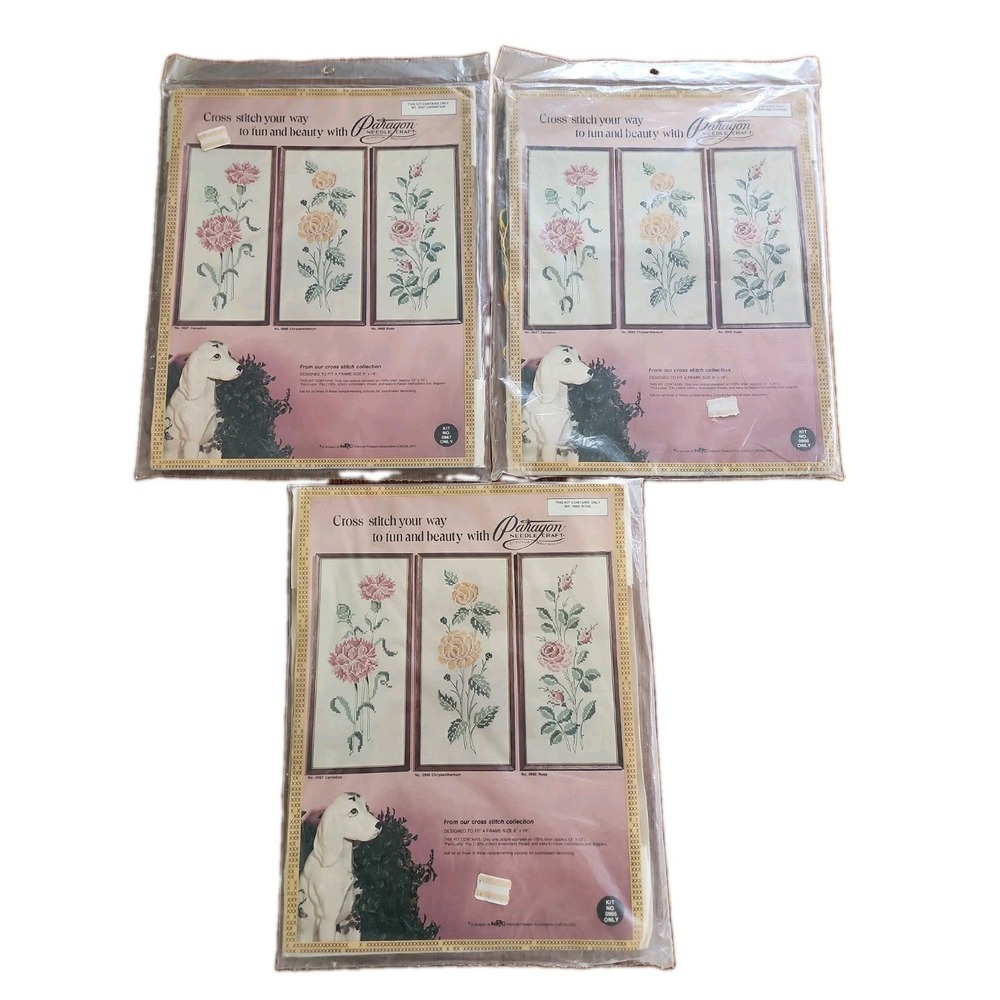 3/Paragon Cross Stitch Floral Picture Kits 8x18 Rose Carnation Chrysan Vtg *READ